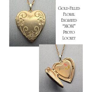 VTG Gold-Filled Engraved Floral Heart "MOM" Locket Pendant Necklace 20"